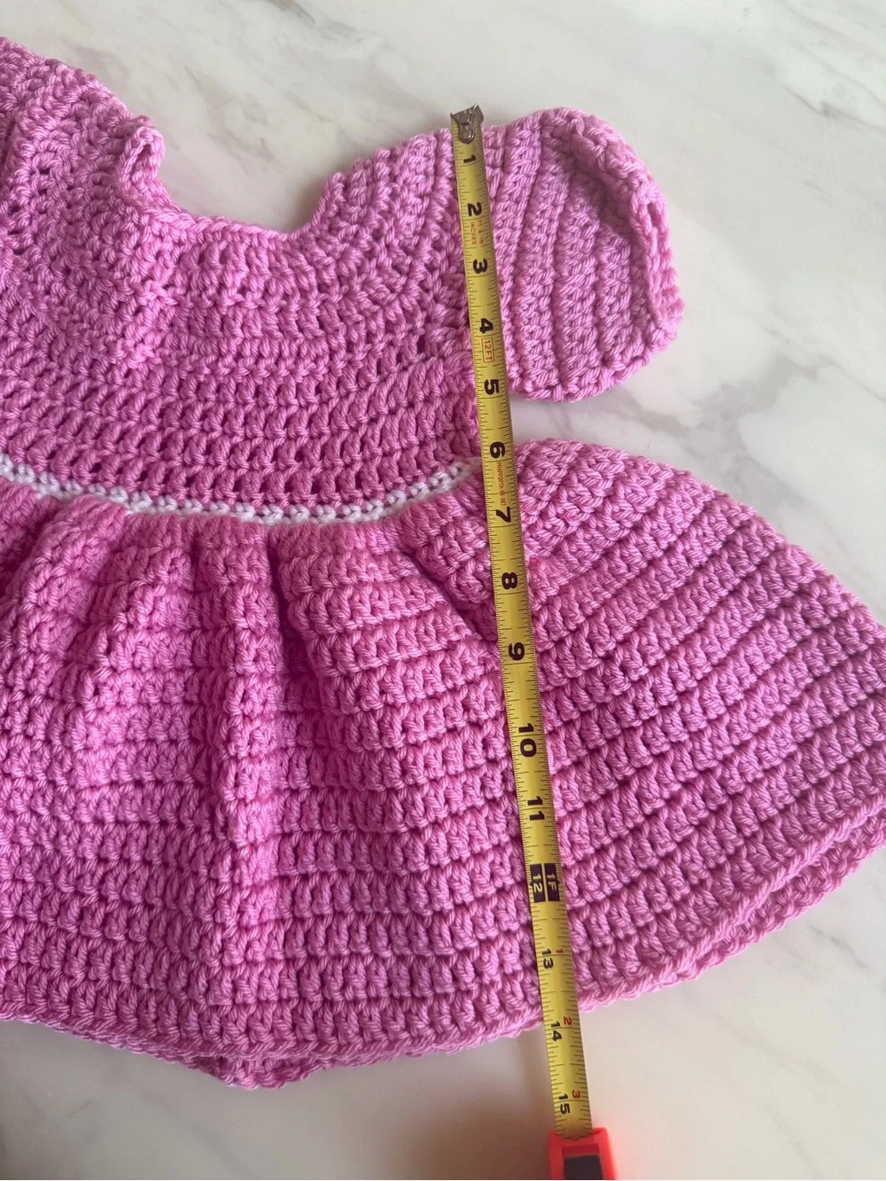 Handmade Pink Crochet Baby Girl Dress Puff Sleeve White Trim 3-6 Months